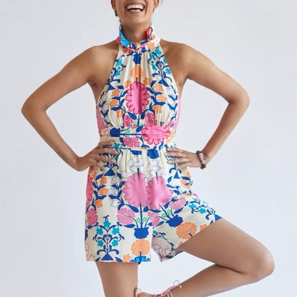 Anthropologie Tracy Reese Floral Ruffled Tie-Waist Colorful Romper Small - Picture 1 of 8